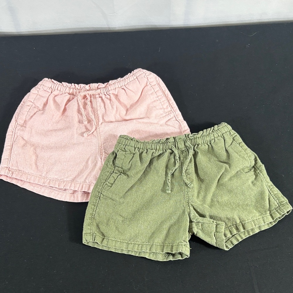 Old Navy Pink & Olive Linen Girls Elastic Waist Drawstring Shorts Duo